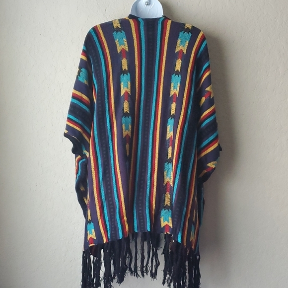 NWT Rock & Roll Cowgirl Colorful Striped Poncho with Fringe - Picture 6 of 7